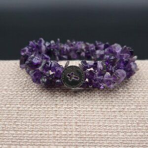 7 Inch Amethyst Stones Religious Cross Expandable Bracelet B951